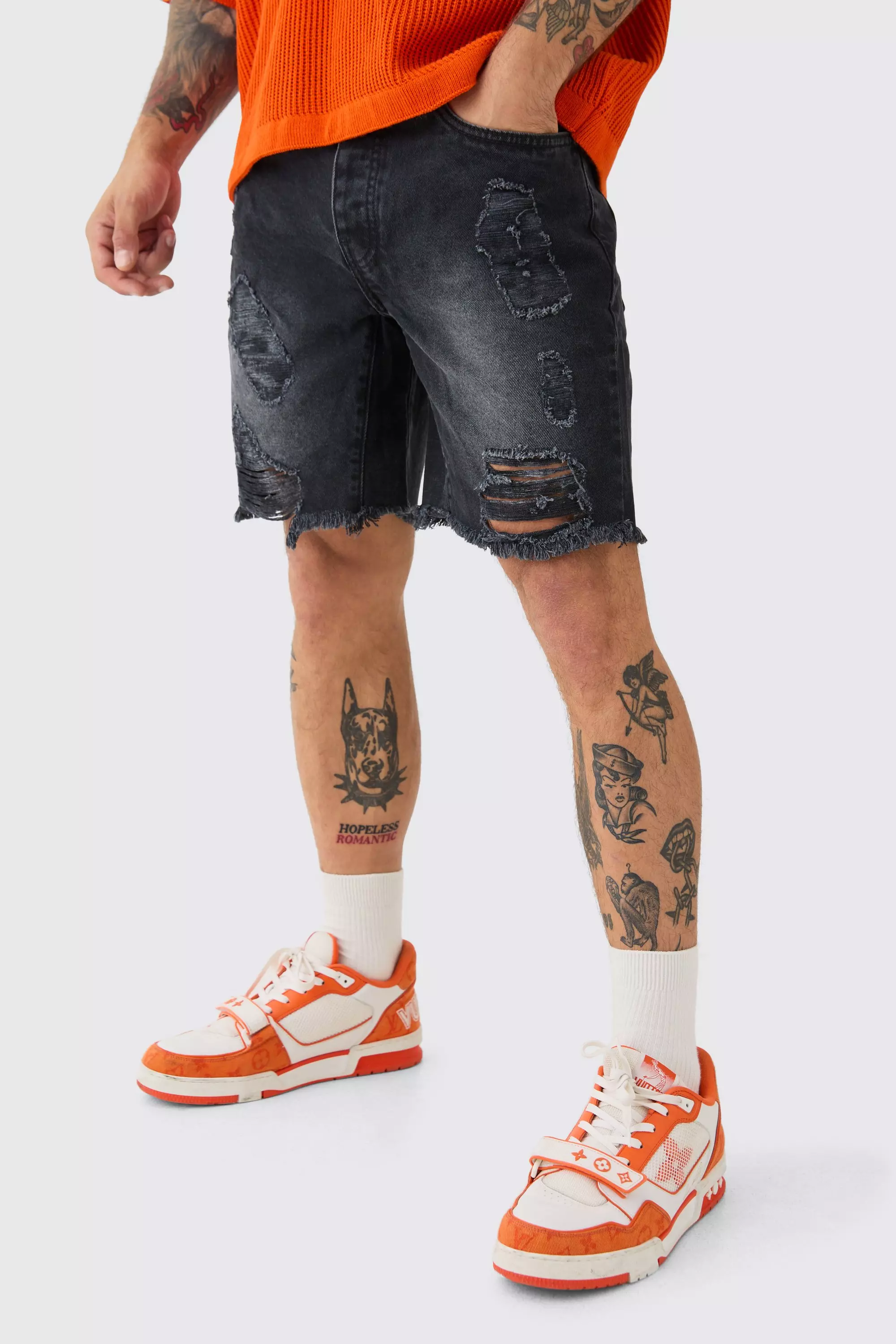 Slim Rigid Ripped Denim Short In Washed Black